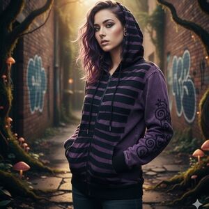 Rising International Embroidered Zip Hoodie Purple Black Appliqué Detail L!